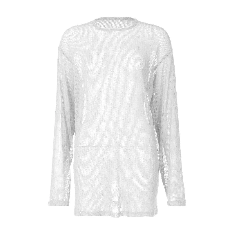 Long sleeve crewneck hollow out see through top - Image 2