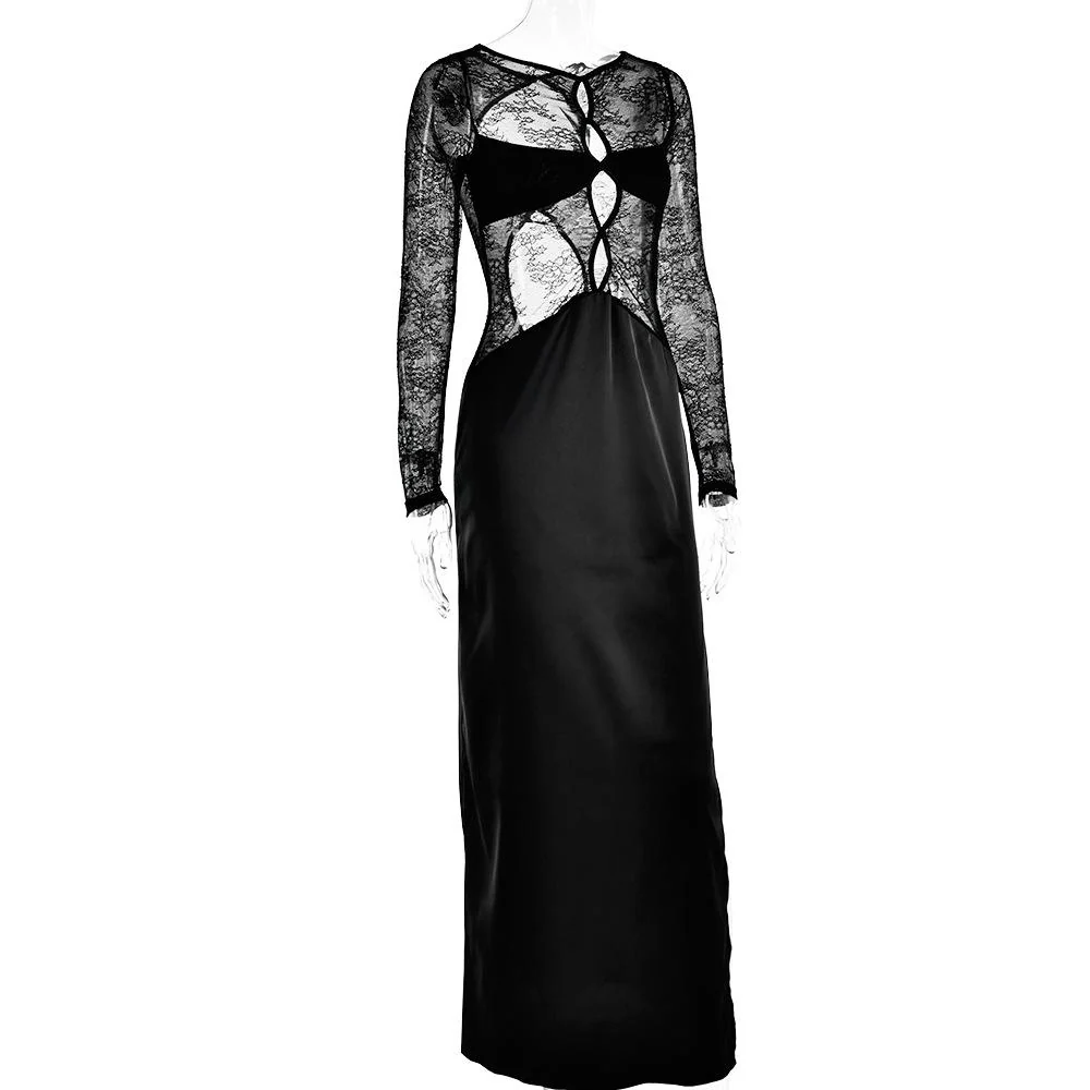 Long sleeve crewneck lace hollow out high slit maxi dress - Image 2