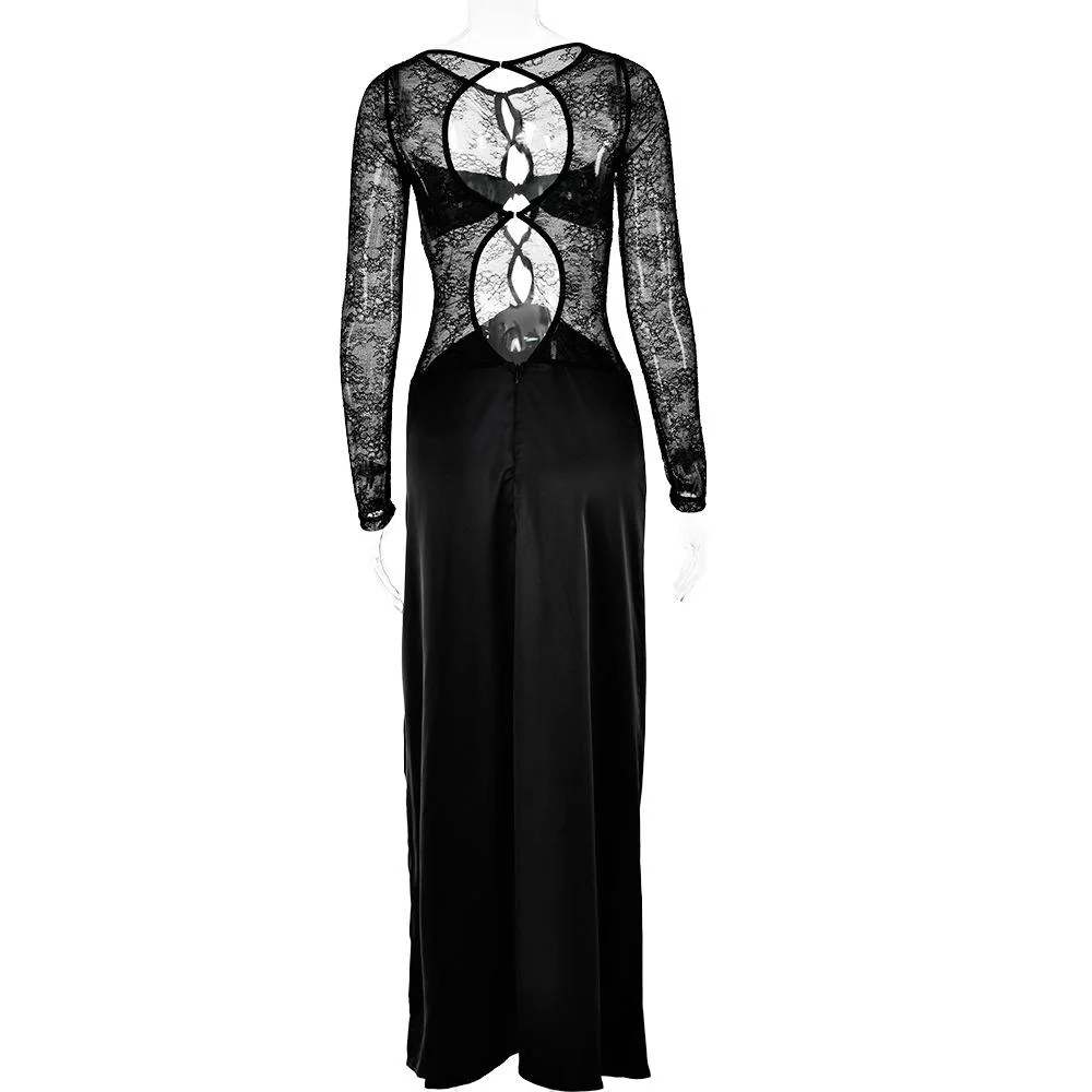 Long sleeve crewneck lace hollow out high slit maxi dress - Image 3