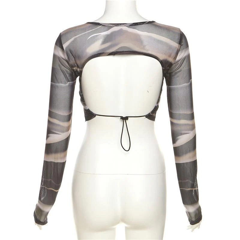 Long sleeve crewneck mesh backless crop top - Image 3