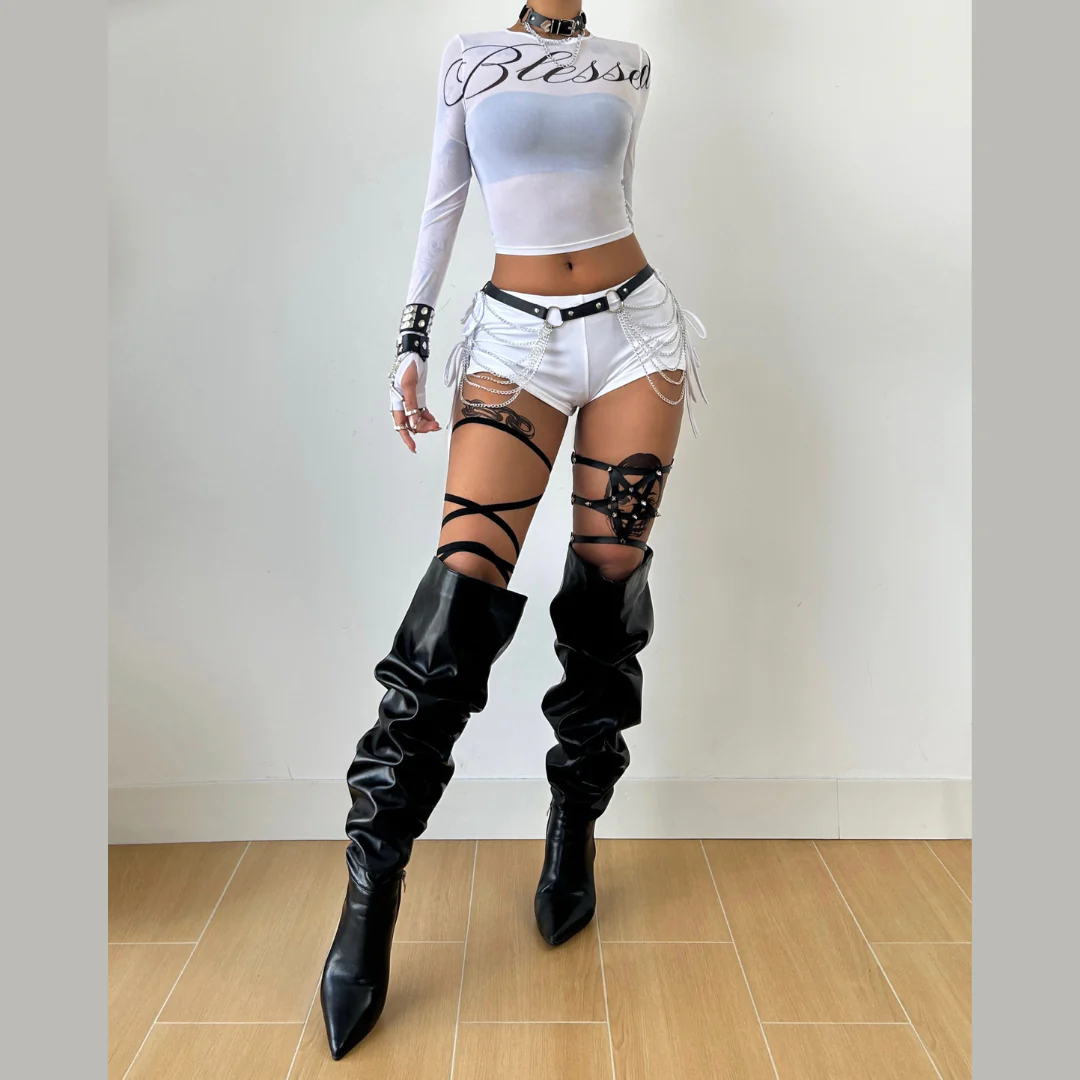 Long sleeve crewneck mesh letter pattern gloves pant set - Image 2