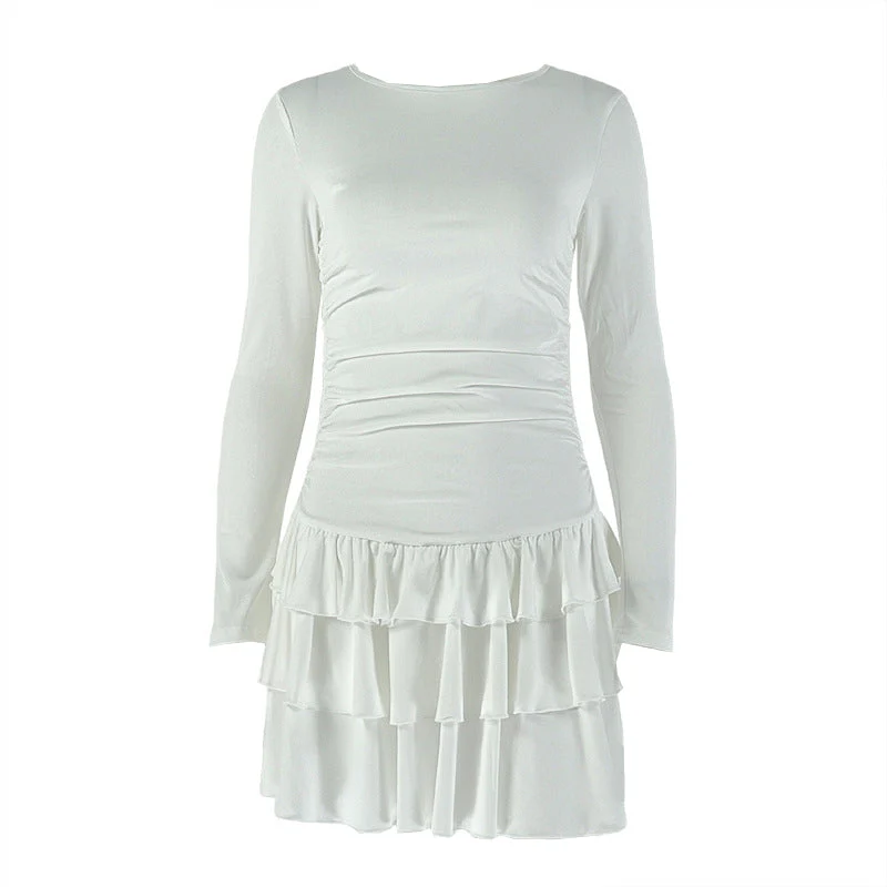 Long sleeve crewneck ruffle mini dress