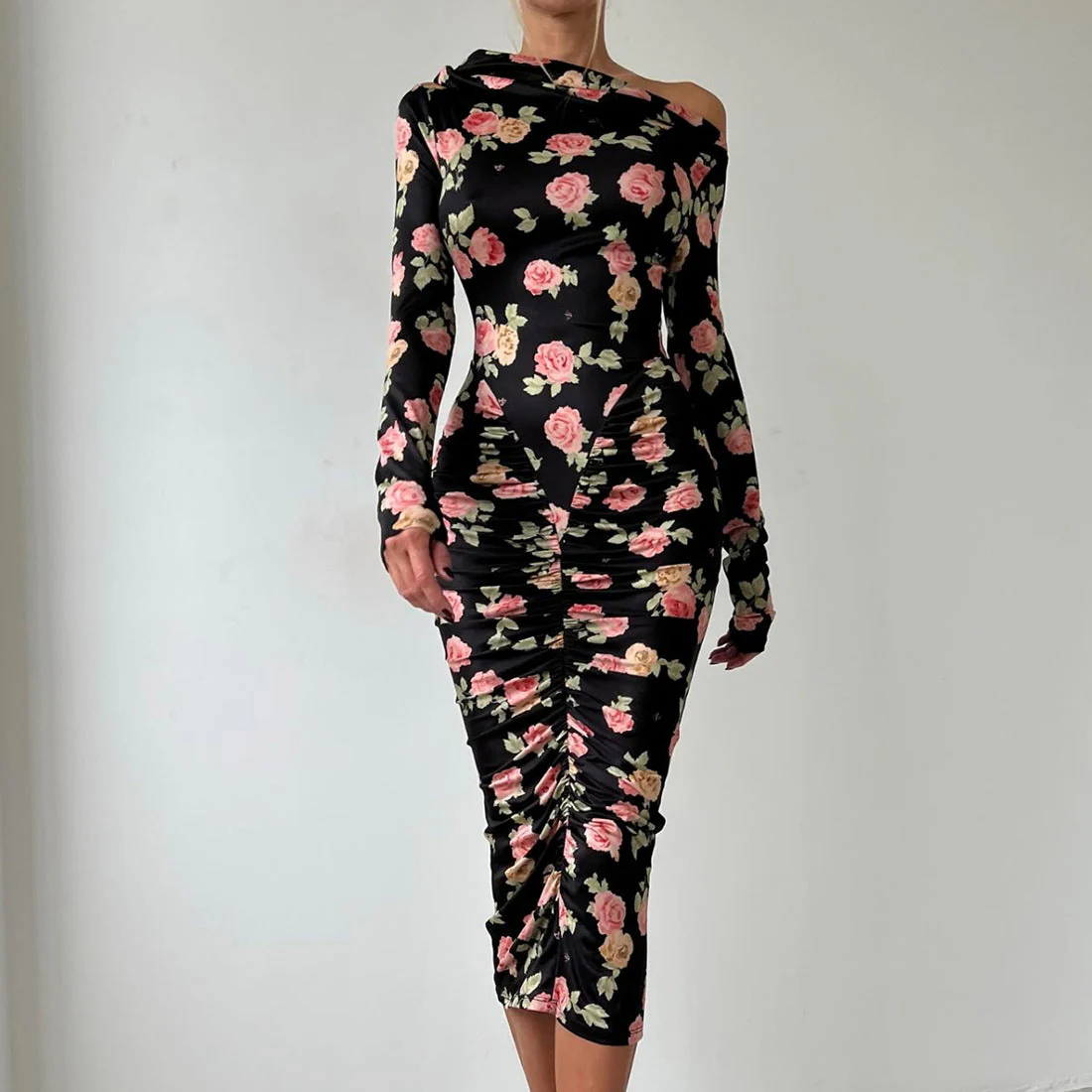 Long sleeve flower print ruched midi dress - Image 2