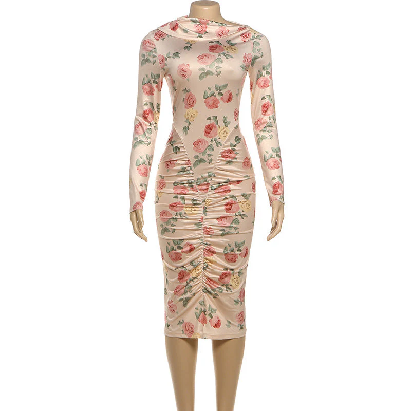 Long sleeve flower print ruched midi dress - Image 3