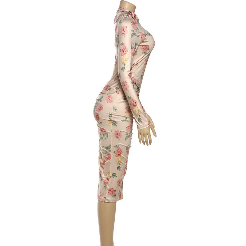 Long sleeve flower print ruched midi dress - Image 4
