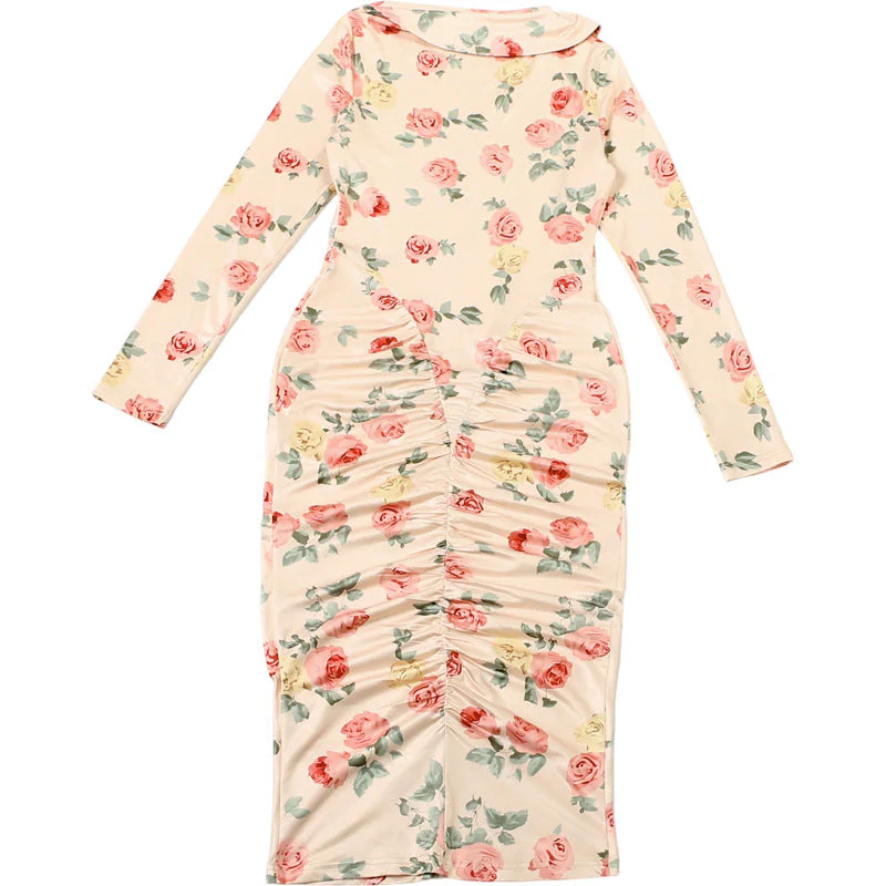 Long sleeve flower print ruched midi dress - Image 7