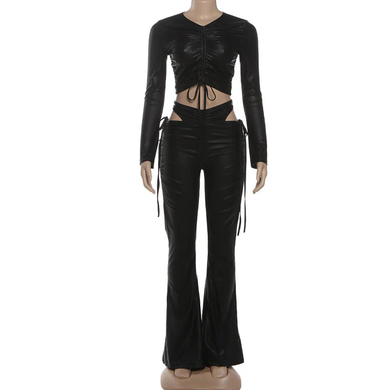 Long sleeve drawstring PU leather hollow out pant set - Image 2