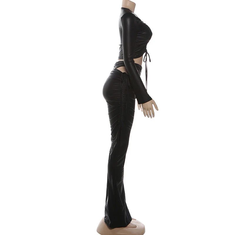 Long sleeve drawstring PU leather hollow out pant set - Image 3