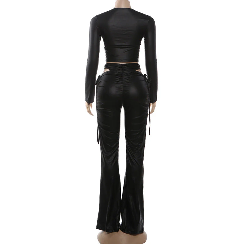 Long sleeve drawstring PU leather hollow out pant set - Image 4