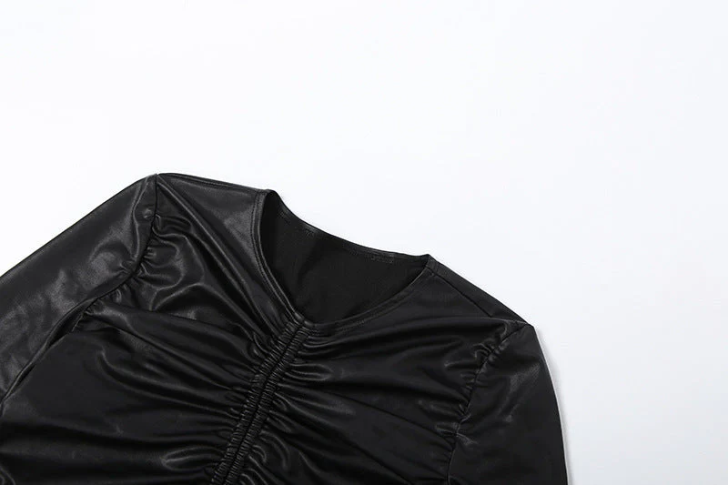 Long sleeve drawstring PU leather hollow out pant set - Image 5