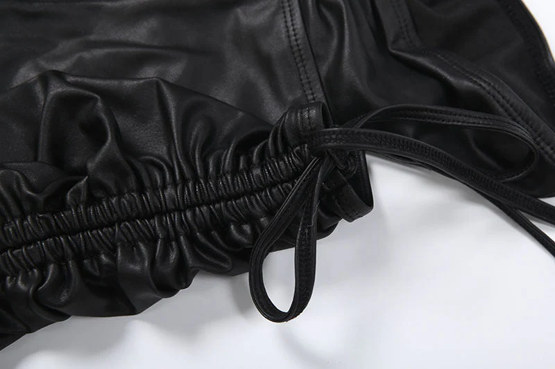 Long sleeve drawstring PU leather hollow out pant set - Image 7