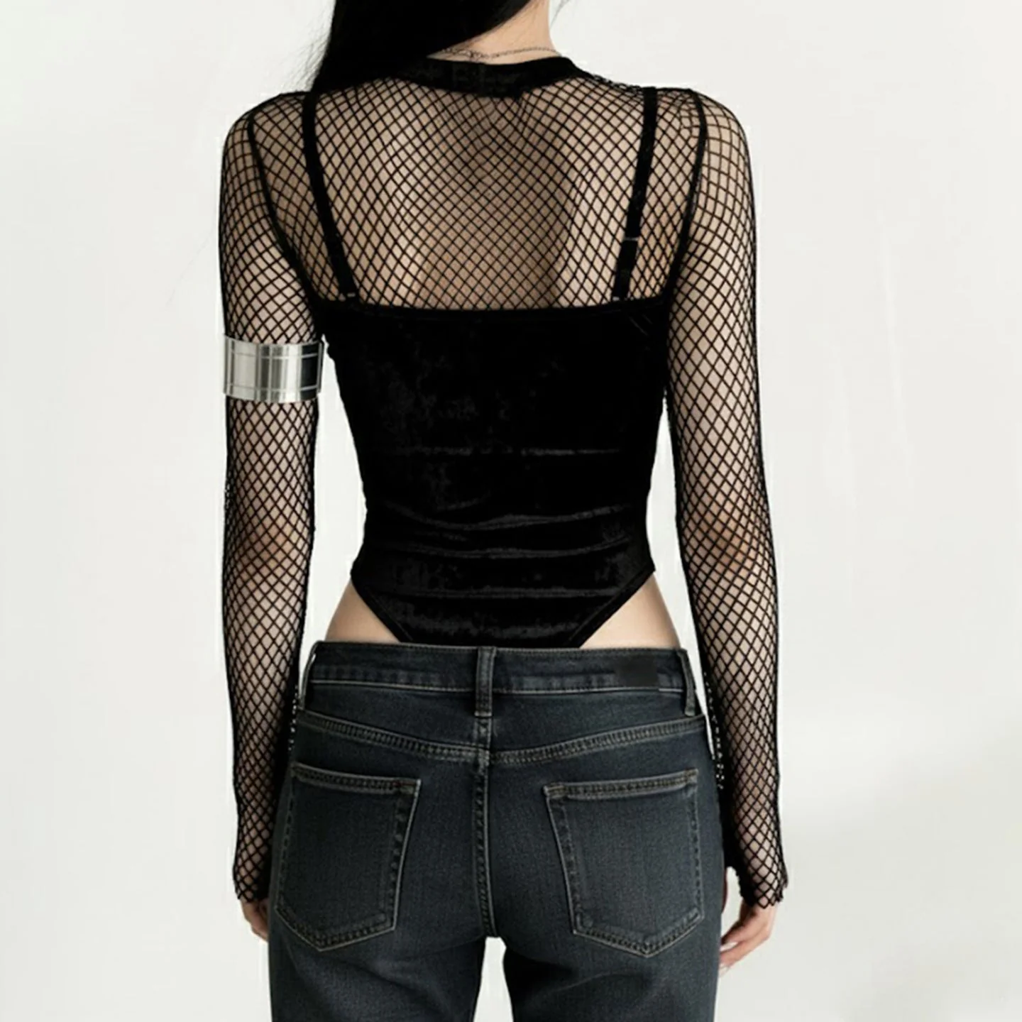 Long sleeve fishnet velvet embroidery bodysuit - Image 5