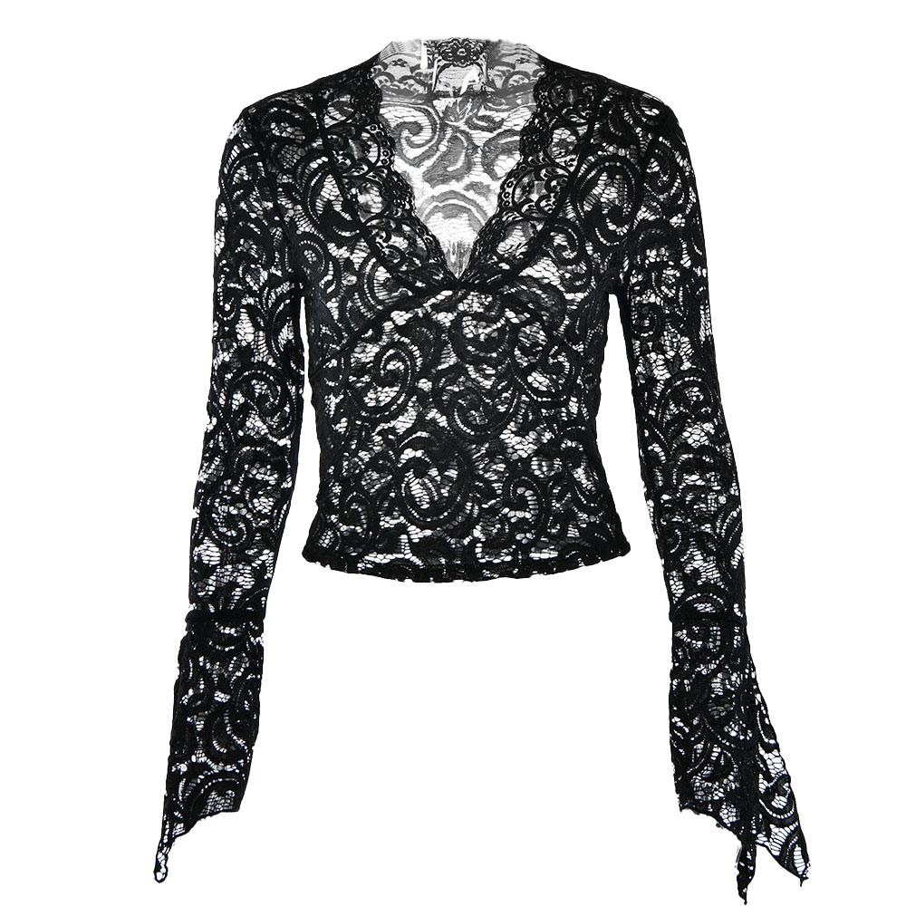 Flared sleeve v neck lace see through solid top y2k 90s Revival Techno Fashion