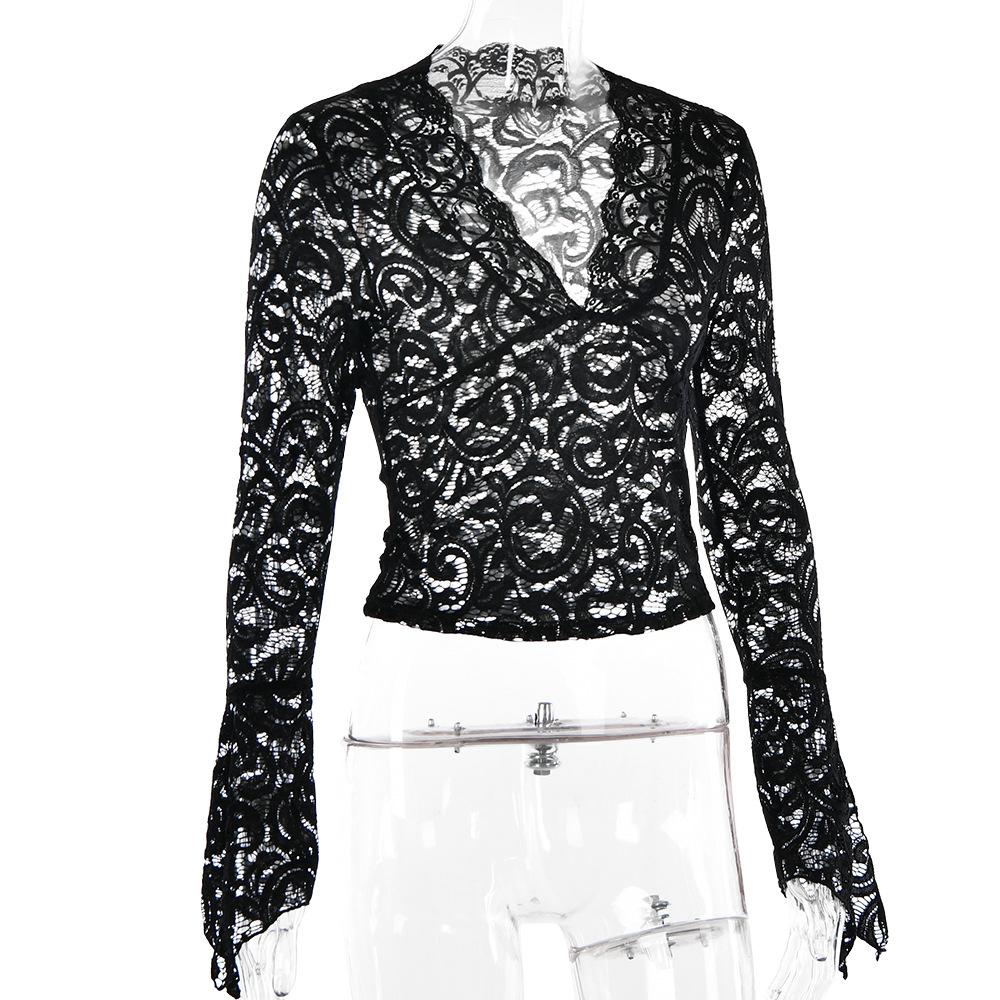 Flared sleeve v neck lace see through solid top y2k 90s Revival Techno Fashion - Image 3