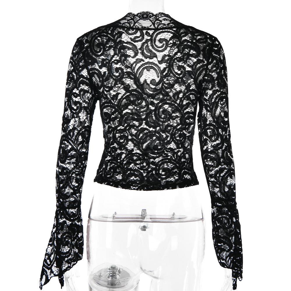 Flared sleeve v neck lace see through solid top y2k 90s Revival Techno Fashion - Image 4