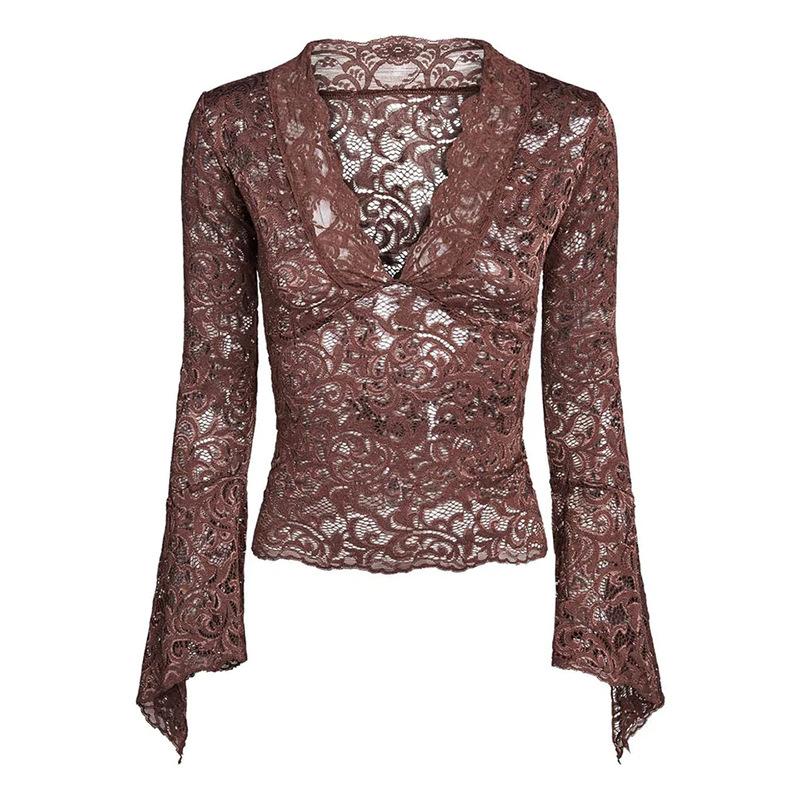 Flared sleeve v neck lace see through solid top y2k 90s Revival Techno Fashion - Image 8