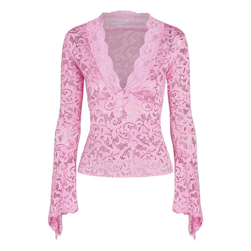 Flared sleeve v neck lace see through solid top y2k 90s Revival Techno Fashion - Image 9