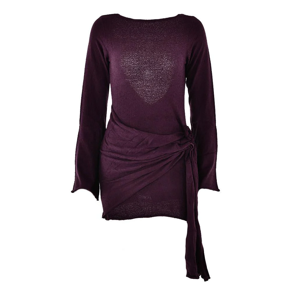 Long sleeve flower applique ruched backless mini dress - Image 2