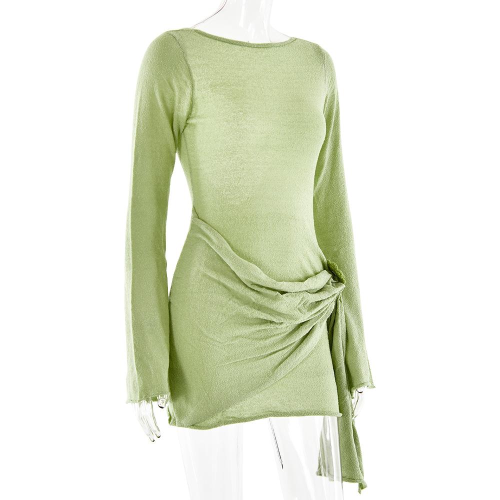 Long sleeve flower applique ruched backless mini dress - Image 6