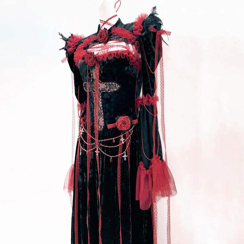 Long sleeve flower applique ruffle feather maxi dress - Image 3