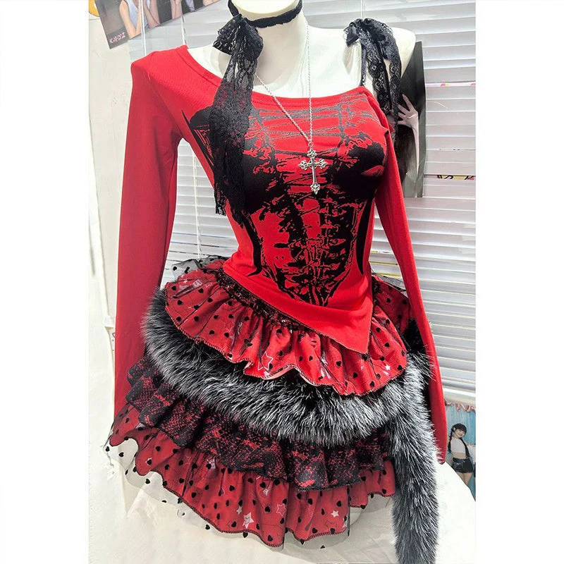 Long sleeve fluffy polka dot lace hem mini skirt set - Image 3