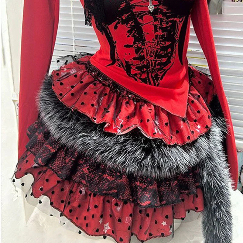 Long sleeve fluffy polka dot lace hem mini skirt set - Image 5