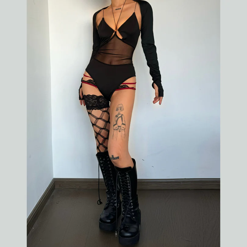 Long sleeve gloves o ring hollow out shrug 2 piece bodysuit - Image 2