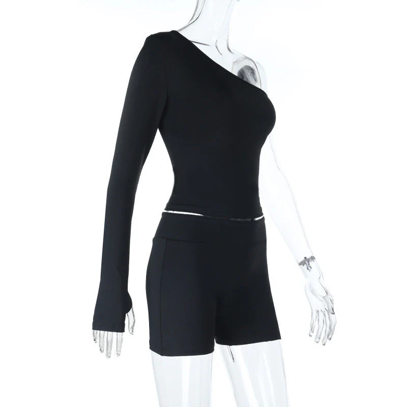 Long sleeve gloves one shoulder irregular pant set - Image 3