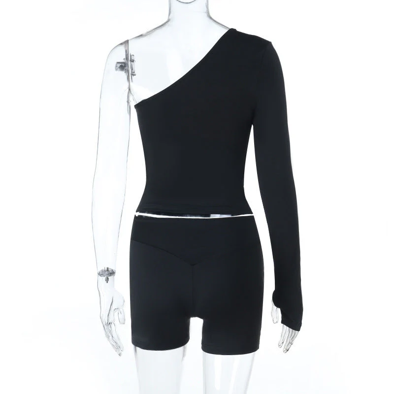 Long sleeve gloves one shoulder irregular pant set - Image 4