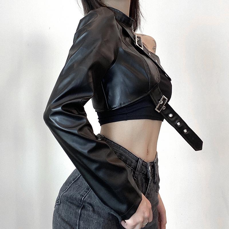 Long sleeve halter PU leather buckle one shoulder top - Image 3