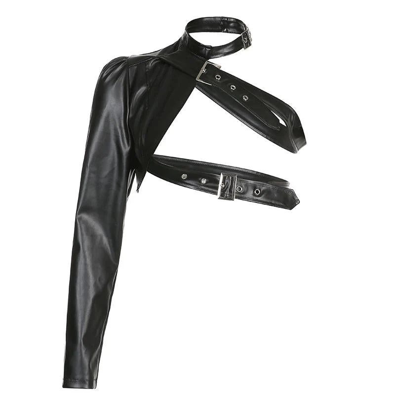 Long sleeve halter PU leather buckle one shoulder top - Image 4