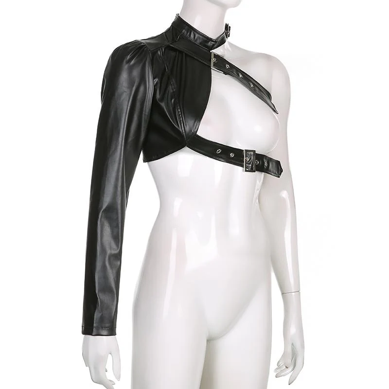 Long sleeve halter PU leather buckle one shoulder top - Image 6