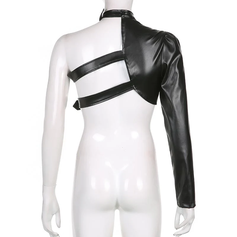 Long sleeve halter PU leather buckle one shoulder top - Image 7