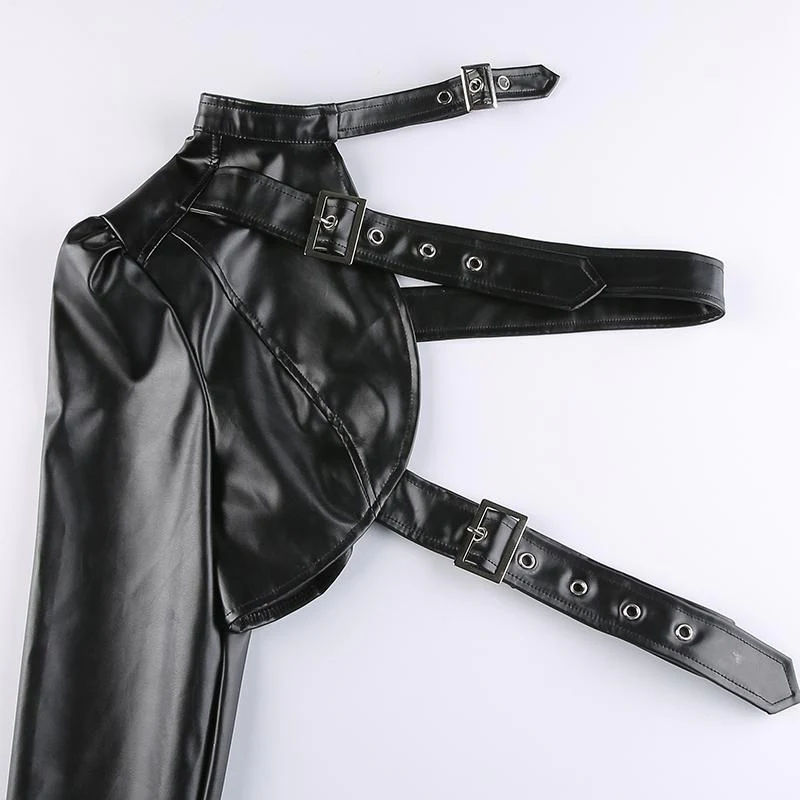 Long sleeve halter PU leather buckle one shoulder top - Image 8