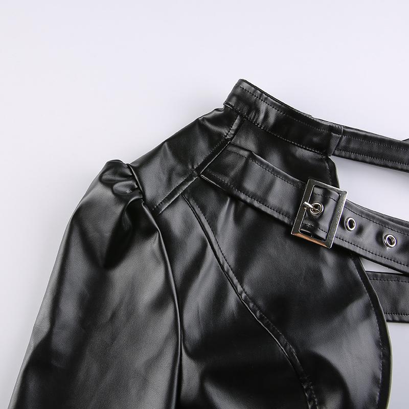 Long sleeve halter PU leather buckle one shoulder top - Image 9