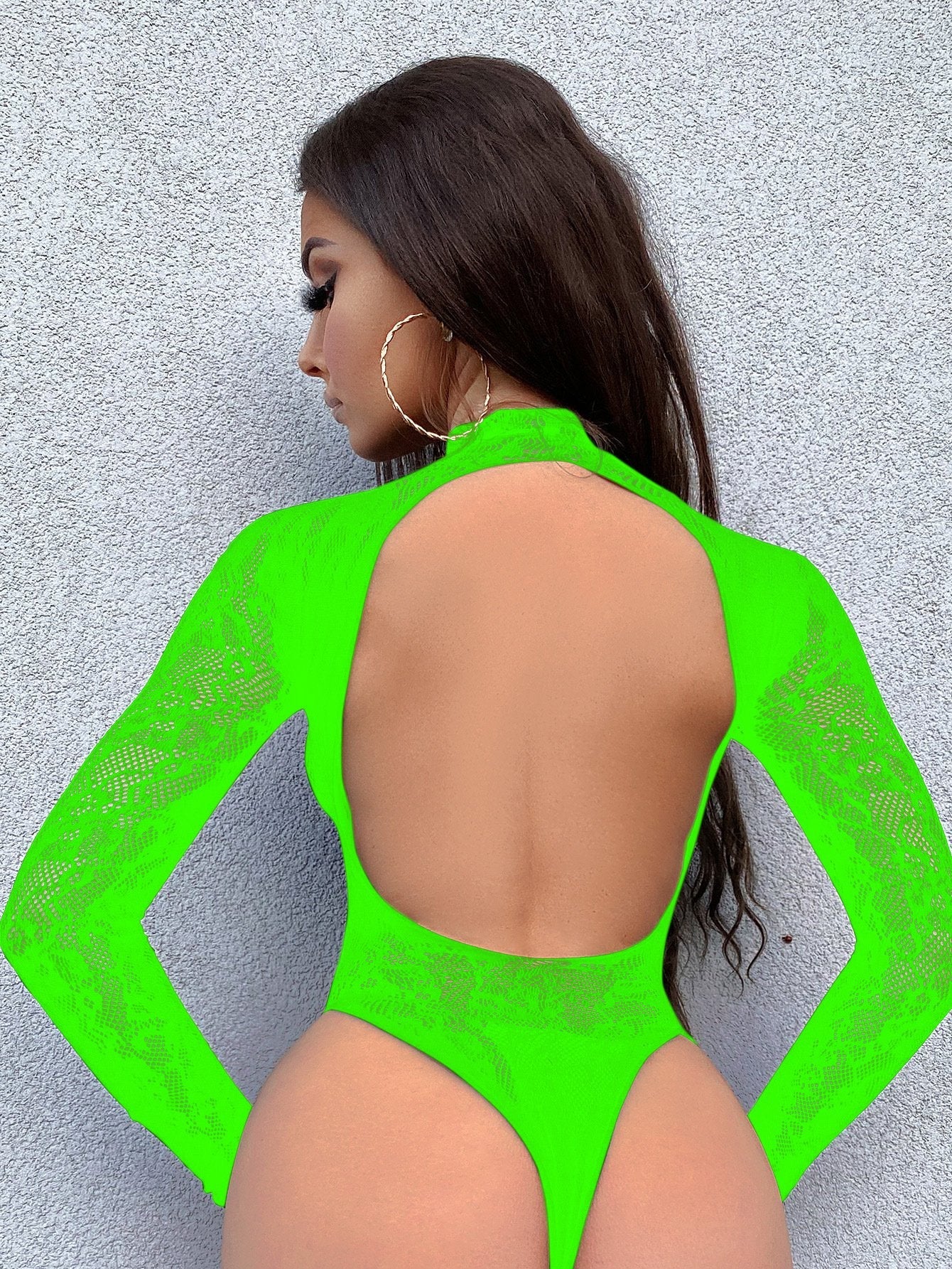 Long sleeve high neck backless lace fishnet bodysuit - Image 18