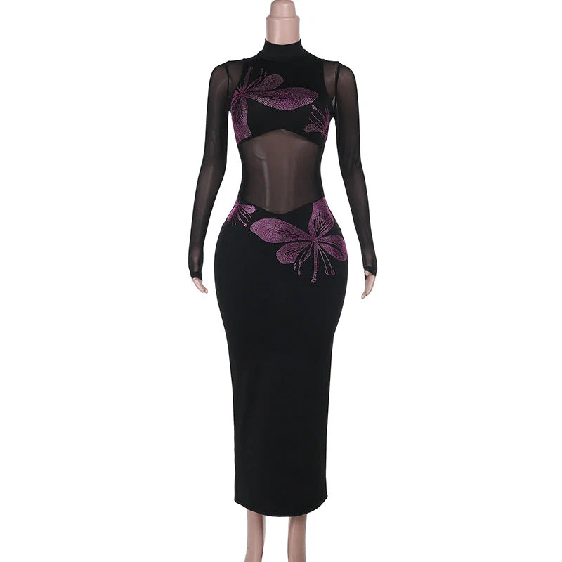 Long sleeve high neck beaded mesh slit midi dress - Image 2