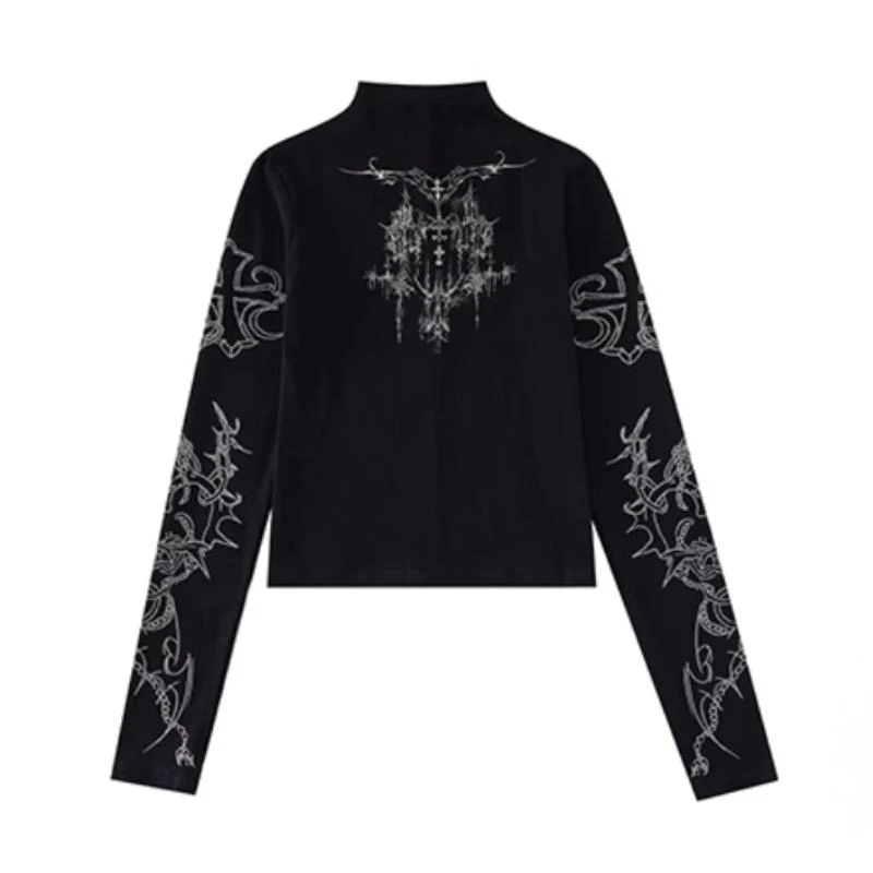 Long sleeve high neck cross print contrast top - Image 3