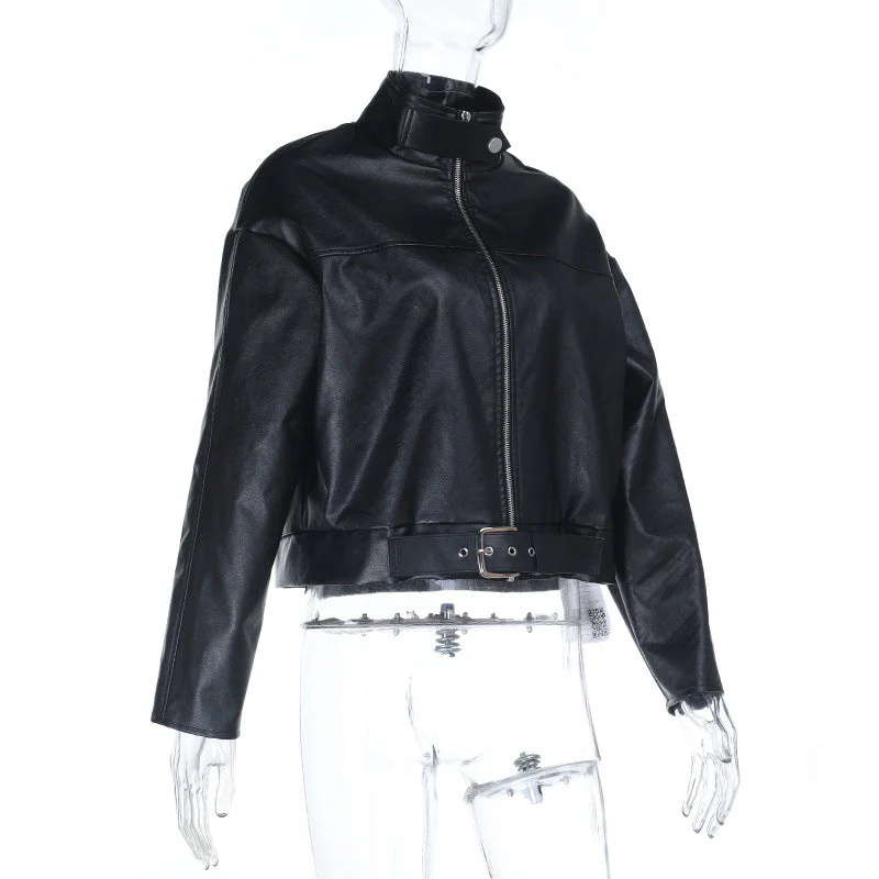 Long sleeve high neck PU leather zip-up coat top - Image 2