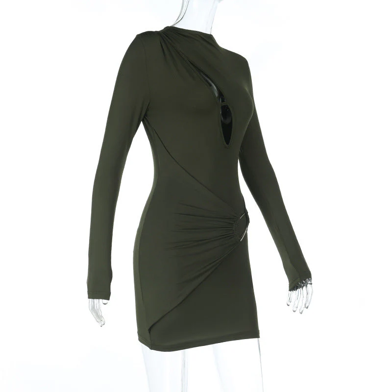 Long sleeve hollow out crewneck solid mini dress - Image 4