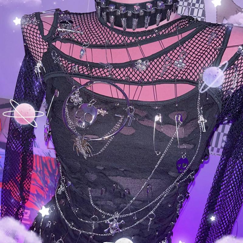 Long sleeve hollow out o ring metal chain irregular top - Image 4