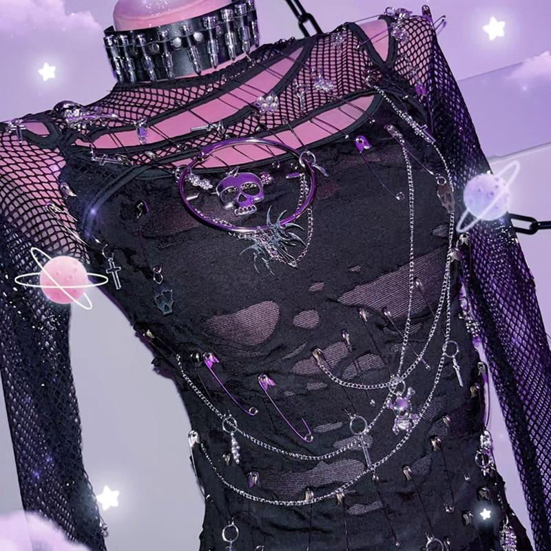 Long sleeve hollow out o ring metal chain irregular top - Image 5