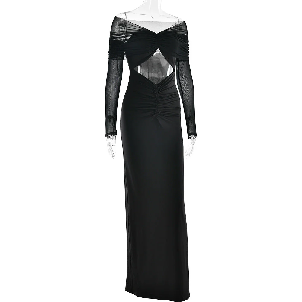 Long sleeve hollow out ruched mesh maxi dress - Image 4