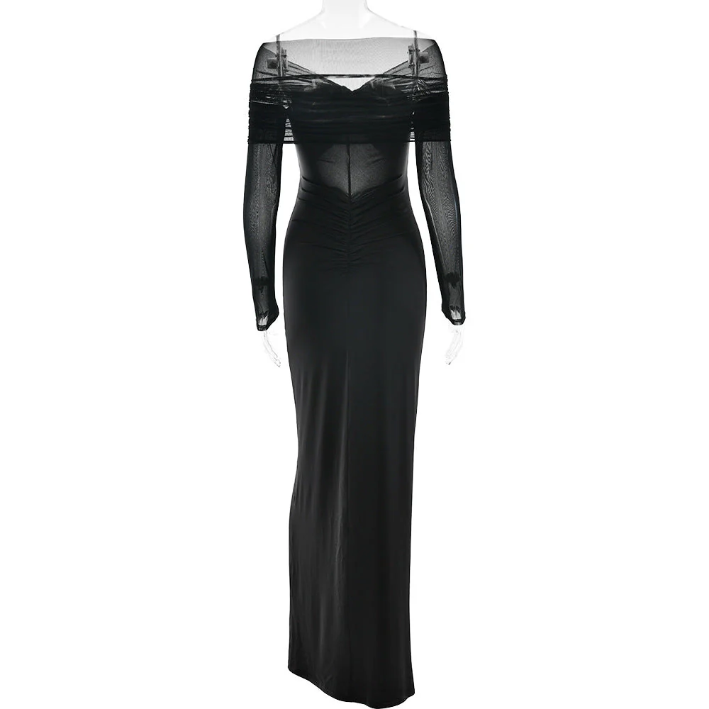 Long sleeve hollow out ruched mesh maxi dress - Image 5