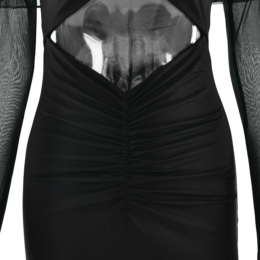 Long sleeve hollow out ruched mesh maxi dress - Image 7