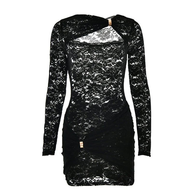 Long sleeve hollow out ruched mini dress