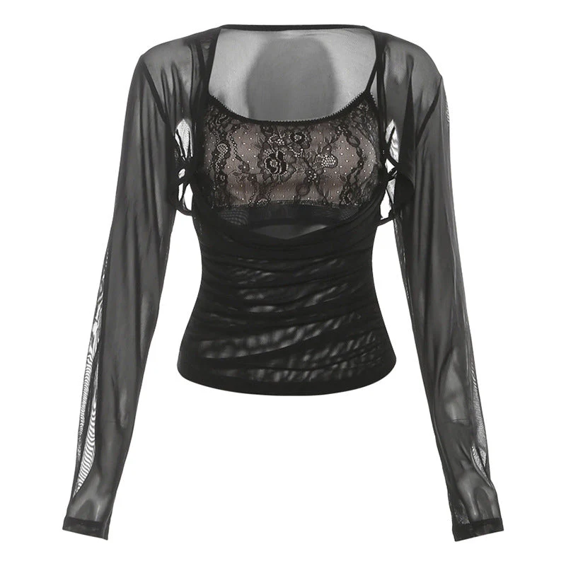 Long sleeve hollow out ruched u neck 2 piece top - Image 3