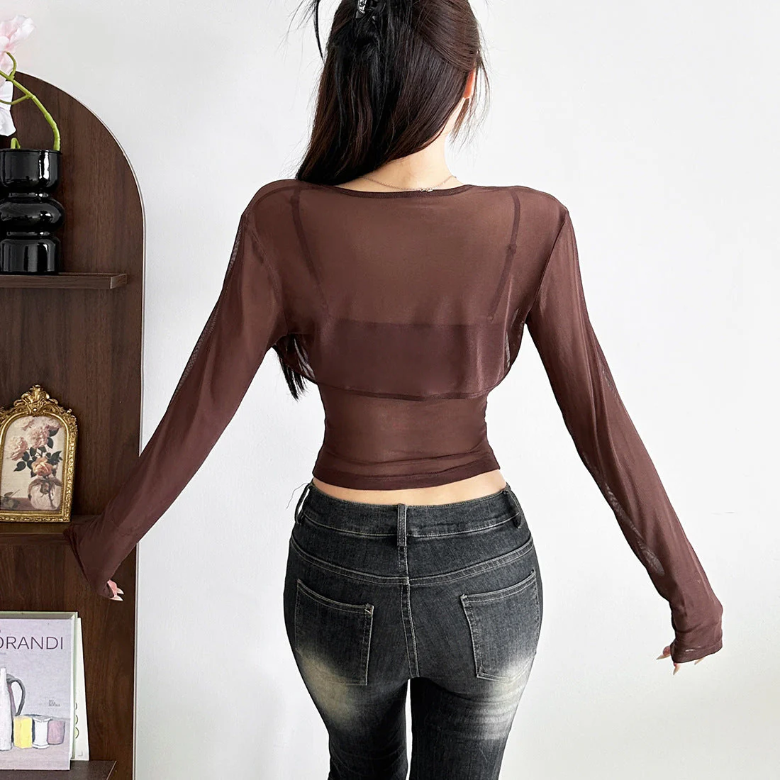 Long sleeve hollow out ruched u neck 2 piece top - Image 5