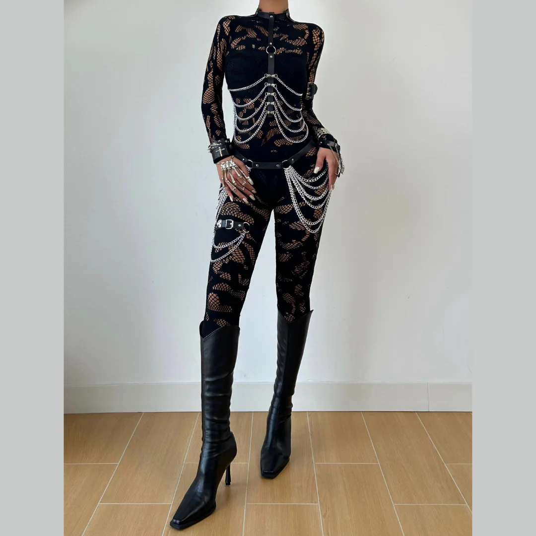 Long sleeve hollow out see through solid jumpsuit