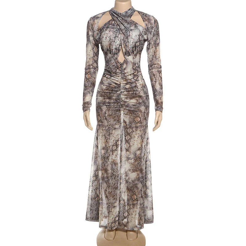 Long sleeve hollow out snakeskin print maxi dress - Image 2